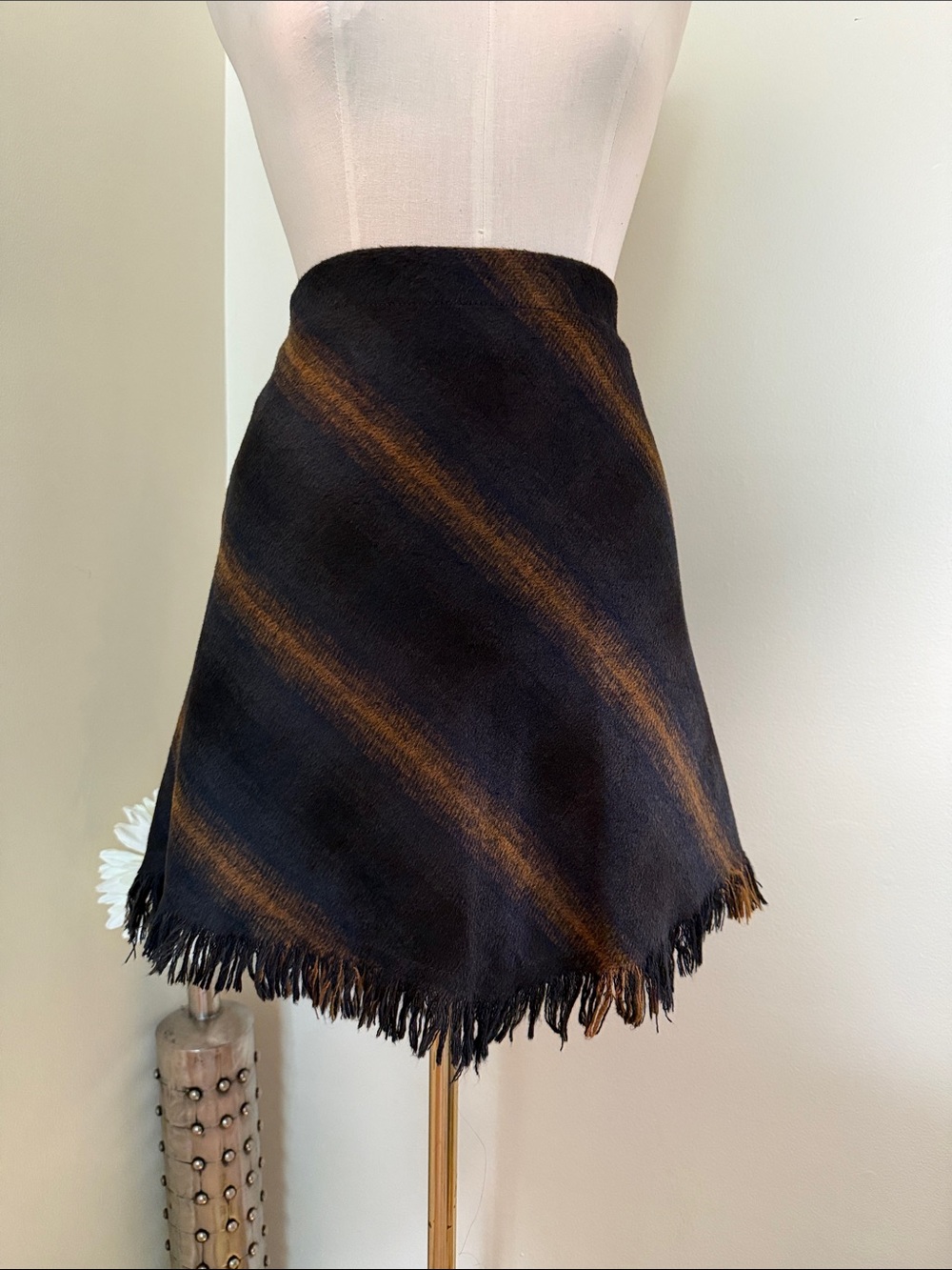 Sanctuary Black A-Line Skirt with Brown Diagonal Stripes and Fringed Hem